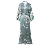 BABEYOND Women's Long Kimono Robes Dressing Gown Satin Floral Kimono Robe Long Chinese Japanese Style for Nightwear Girl's Bonding Party Wedding Pajama Party(Style-3-Green)