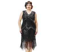 BABEYOND Women's Plus Size Flapper Dresses 1920s V Neck Beaded Fringed Great Gatsby Dress, Glam Black, 5X-Large