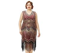 BABEYOND Women's Plus Size Flapper Dresses 1920s V Neck Beaded Fringed Great Gatsby Dress, Gold WineRed, 3X-Large