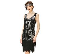Babeyond women's retro flapper dress with two layers Tassel V neckline in 1920s style; costume dress for Great Gatsby themed party - Black - UK 10.5