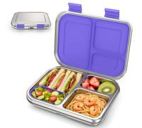 BABHAMNESS Stainless Steel Bento Box Kids, 3 Compartments Leak Proof Metal Bento Lunch Box, 304 Stainless Steel Bento Lunch Containers for School and Office,Dishwasher Safe, BPA-Free-Purple