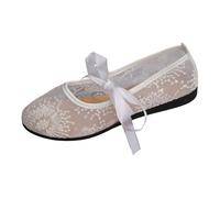 Babies Women's Comfortable Lace Embroidered Ballet Shoes Comfort Chic Flat Strap with Ribbon Tie Low Open Round Toe Romantic Retro Style for City and Daily Use, 01 White, 4 UK