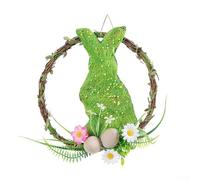 babominimer Easter Egg Bunny Welcome Hanging Sign with Vine Circle Design 25x25cm Wrought Iron and Foam Material for Door Wall Entryway Holiday Seasonal Decor Ornament(Stay)