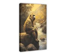 Baboon Sitting by The Stream Poster Canvas Poster Bedroom Decor Landscape Office Room Decor Gift 16x24inch(40x60cm)