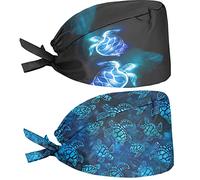 Babrukda 2 Pack Cap with Sweatband Adjustable Tie Back Hat Headgear Beanie Fun, Sea Turtle Blue, One Size