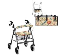 Babrukda Retro Floral Rollator Bag Under Seat Rollator Walker Seat Cushion Cover Set for Women, Men, Seniors Dragonfly Walker Accessories for Rolling Walkers Reusable Seat Cushion Set
