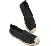 BABUDOG Women's Breathable Mesh Flats Shoes, Soft Espadrilles Flats, White Slip on Shoes Loafers, Black, 5 UK
