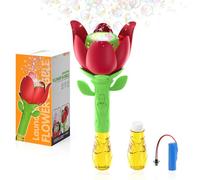 Babuloo Electric Rose Flower Bubble Wand, Automatic Bubble Machine for Kids 10000+ Bubbles with 130ml Solution/Battery/Lights, 10 Holes Handheld Bubble Blower Toys for Outdoor Wedding Party-Red
