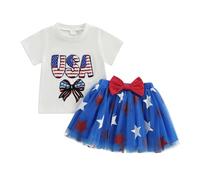 BABWWNIX My First 4th Fourth Of July Baby Girl Outfit Short Sleeve Romper +Tutu Tulle Skirt + Headband Patriotic Clothes Set (F-White, 18-24 Months)