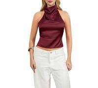 BABWWNIX Women Halter Backless Tank Top Silk Satin Going Out Mock Neck Crop Camisole Shirt Sexy Summer Open Back Y2k Vest Top (Claret, S)