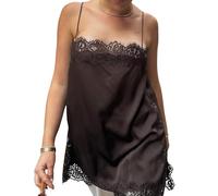 BABWWNIX Women Square Neck Satin Lace Trim Cami Tops Spaghetti Strap Sleeveless Silk Tank Top Y2k Flowy Going Out Camisoles (Brown, M)