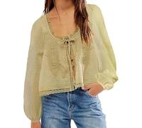 BABWWNIX Women Tie Front Long Sleeve Top Long Sleeve Ruffle Button Down Chiffon Cardigan Shirt Going Out Y2k Coquette Clothes (D-Green, M)