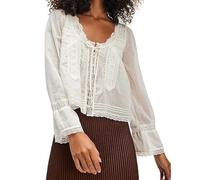 BABWWNIX Women Tie Front Long Sleeve Top Long Sleeve Ruffle Button Down Chiffon Cardigan Shirt Going Out Y2k Coquette Clothes (Ivory, S)