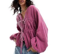 BABWWNIX Women Tie Front Long Sleeve Top Long Sleeve Ruffle Button Down Chiffon Cardigan Shirt Going Out Y2k Coquette Clothes (C-Rose Red, M)