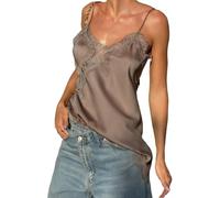 BABWWNIX Women's Lace Trim Satin Tank Top Spaghetti Strap Silk Cami Tops Y2k Asymmetrical Going Out Camisole Shirts Streewear (Light Brown, M)
