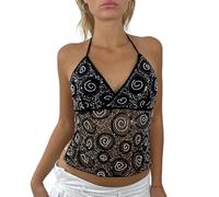 BABWWNIX Womens Sexy Sequin Sparkle Halter Crop Tops Sleeveless Backless Tie Up Cami Tank Top Summer Coquette Party Clubwear (C-Black, M)