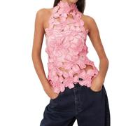 BABWWNIX Women's Sexy Y2K Hollow Out Halter Top Sleeveless 3D Flower Mesh Tank Vest Party Club Going Out Coquette Crop Tops (Pink, M)