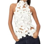 BABWWNIX Women's Sexy Y2K Hollow Out Halter Top Sleeveless 3D Flower Mesh Tank Vest Party Club Going Out Coquette Crop Tops (White, M)