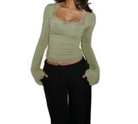 BABWWNIX Womens Y2K Bell Long Sleeve Top Lace Trim Square Neck T Shirt Crop Tops Slim Fit Going Out Shirts Blouse Streetwear (Light Green, M)