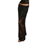 BABWWNIX Women's Y2k Lace Patchwork Satin Midi Skirt A Line Flowy Ruffle Floral Lace Half Slip Long Skirts Going Out Skirts (B-Black, L)