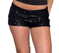 BABWWNIX Women's Y2K Sequin Mini Shorts Sparkle Elastic Waist A Line Party Concert Short Going Out Bottoms Beaded Bling Pant (B-Black, M)