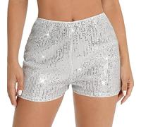 BABWWNIX Women's Y2K Sequin Mini Shorts Sparkle Elastic Waist A Line Party Concert Short Going Out Bottoms Beaded Bling Pant (White, L)