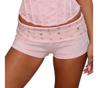 BABWWNIX Women's Y2K Sexy Low Waist Studded Shorts Fold Over Rivet Micro Shorts Slim Fit Goth Rave Skinny Mini Booty Bottoms (Pink, S)