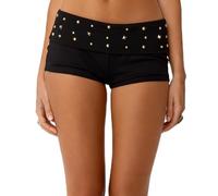 BABWWNIX Women's Y2K Sexy Low Waist Studded Shorts Fold Over Rivet Micro Shorts Slim Fit Goth Rave Skinny Mini Booty Bottoms (Black, L)