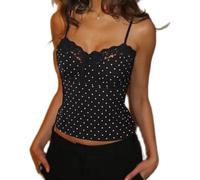 BABWWNIX Women's Y2k Sexy Polka Dot/Leopard Print Cami Crop Tops Spaghetti Strap Lace Trim Sleeveless Club Going Out Tank Top (C-Black, M)