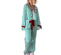 BABWWNIX Women's Y2k Striped Christmas Pajamas Set Satin Pjs Long Sleeve Button Up Sleepwear 2 Piece Xmas Holiday Loungewear (Green, L)