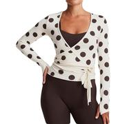 BABWWNIX Y2k Ballet Pilates Wrap Top for Women Long Sleeve Deep V Neck Tie Front Workout Yoga T Shirt Blouses Sports Tops (C-Dot, M)