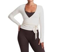 BABWWNIX Y2k Ballet Pilates Wrap Top for Women Long Sleeve Deep V Neck Tie Front Workout Yoga T Shirt Blouses Sports Tops (C-White, L)