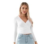 BABWWNIX Y2k Ballet Pilates Wrap Top for Women Long Sleeve Deep V Neck Tie Front Workout Yoga T Shirt Blouses Sports Tops (B-White, M)