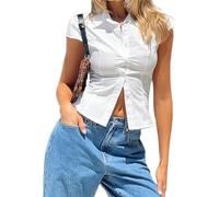 BABWWNIX Y2k Button Down Shirts for Women Short Sleeve V Neck Cropped Work Office Blouse Top Slim Fit Coquette Going Out Tops (White, M)