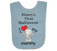 Baby 1st Halloween Applique I Love You Mummy Personalised Bib. (Blue)