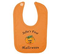 Baby 1st Happy Pumpkin Face Personalised Applique Halloween Bib. (Orange)