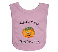 Baby 1st Happy Pumpkin Face Personalised Applique Halloween Bib. (Pink)