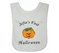 Baby 1st Happy Pumpkin Face Personalised Applique Halloween Bib. (White)