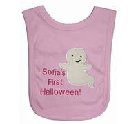 Baby 1st Little Ghost Personalised Applique Halloween Bib. (Pink)