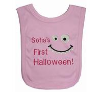 Baby 1st Monster Face Personalised Applique Halloween Bib. (Pink)