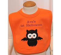 Baby 1st Personalised Applique Bat/Owl Halloween Bib (Orange)