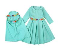 Baby Abaya Hijab Set Muslim Prayer Dress Knitted Flower Baby Girls Abaya Dress Eid Dresses Hijab Long Sleeve Ramadan Prayer Hijab Toddler Jilbab for Girls (Green, 2-3 Years)