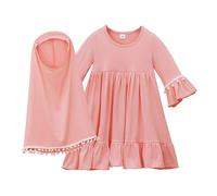 Baby Abaya Hijab Set Muslim Prayer Dress Ruffles Long Sleeve Baby Girls Abaya Dress Eid Dresses Hijab Lace Ramadan Toddler Girls Long Cardigan Robe (Pink, 6-12 Months)