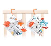 Baby Activity hanging cot toys, 2 Pack, Pram ans stroller toys with squeaker and crinkle paper, Sensory Toys for infant Animal Theme, 0-6-12 Months (Dinosaur)