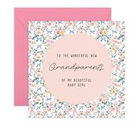 Baby Announcement Card - New Grandparents - Gifts for Grandpa, Grandma, Grandfather, Nan, Nanny, Mum, Dad - It's A Girl, Floral Design Congratulations - Comes with Stickers