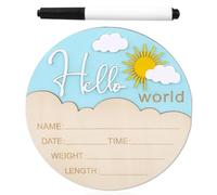 Baby Announcement Sign, 5.9 Inch Cute Sun Style Wooden Hello World Newborn Sign Baby Name Plaque for Nursery Hospital Photo Prop Home Decoration (White)