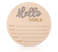 Baby Announcement Sign, 5.9 Inch Wooden Hello World Newborn Welcome Sign Birth Announcement Name Plate for Hospital Nursery (Gray)