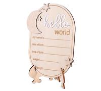 Baby Announcement Sign, 5.91x4.33 Inch Wooden Newborn Announcement Sign with Stand Wood Hello World Newborn Baby Name Sign Birth Announcement Sign for Home Hospital Nursery