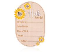 Baby Announcement Sign, 5.9in Newborn Announcement Sign, Oval Sunflower Hello World Sign, Wooden Welcome Birth Baby Name Board Plaques for Boys Girls, Photo Props Baby Shower Hospital Nursery