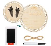 Baby Announcement Sign, 6.69 Inch Wooden Hello World Newborn Sign with Ink Pad for Baby Hand and Footprints Baby Name Sign for Birth Announcement Sign Gift (Rainbow Style)